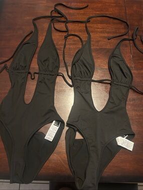 SHEIN Black Plunge One-Piece Bodysuit Swim Top